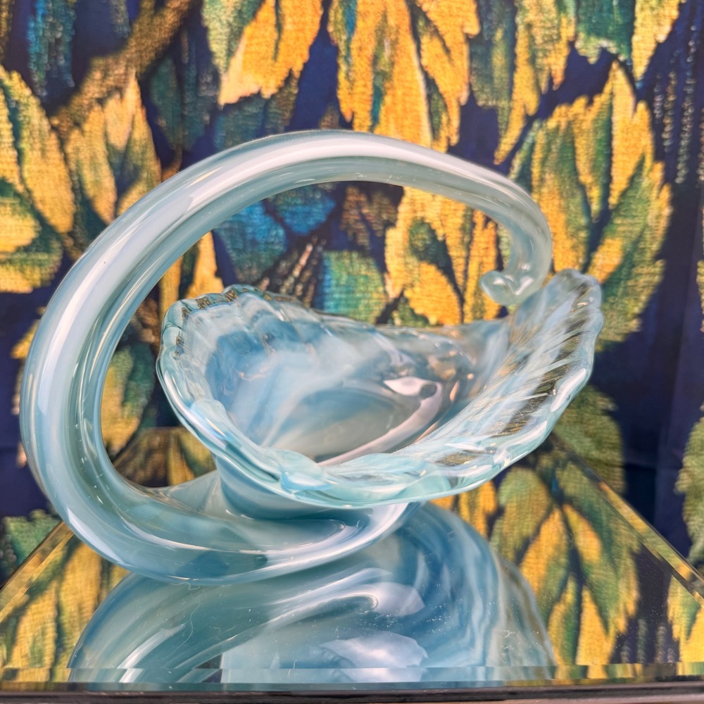 Hand Blown Blue White Swirl Glass Art Basket Ruffled Shell Decorative Bowl